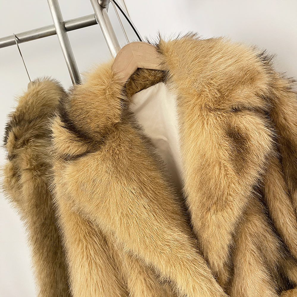 OFTBUY Luxury Long-Length Belted Faux Fur Coat - Premium Vegan Silver Fox Style Overcoat with Oversized Lapel