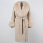 OFTBUY Winter Jacket Women Long Natural Wool Blends Cashmere Real Fur Coat Double Breasted Belt Warm Streetwear New Fashion