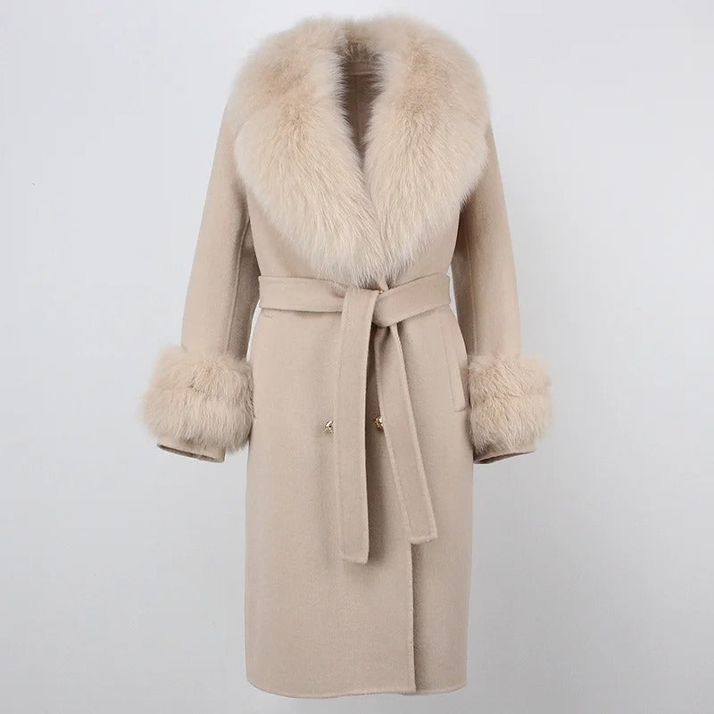 OFTBUY Winter Jacket Women Long Natural Wool Blends Cashmere Real Fur Coat Double Breasted Belt Warm Streetwear New Fashion