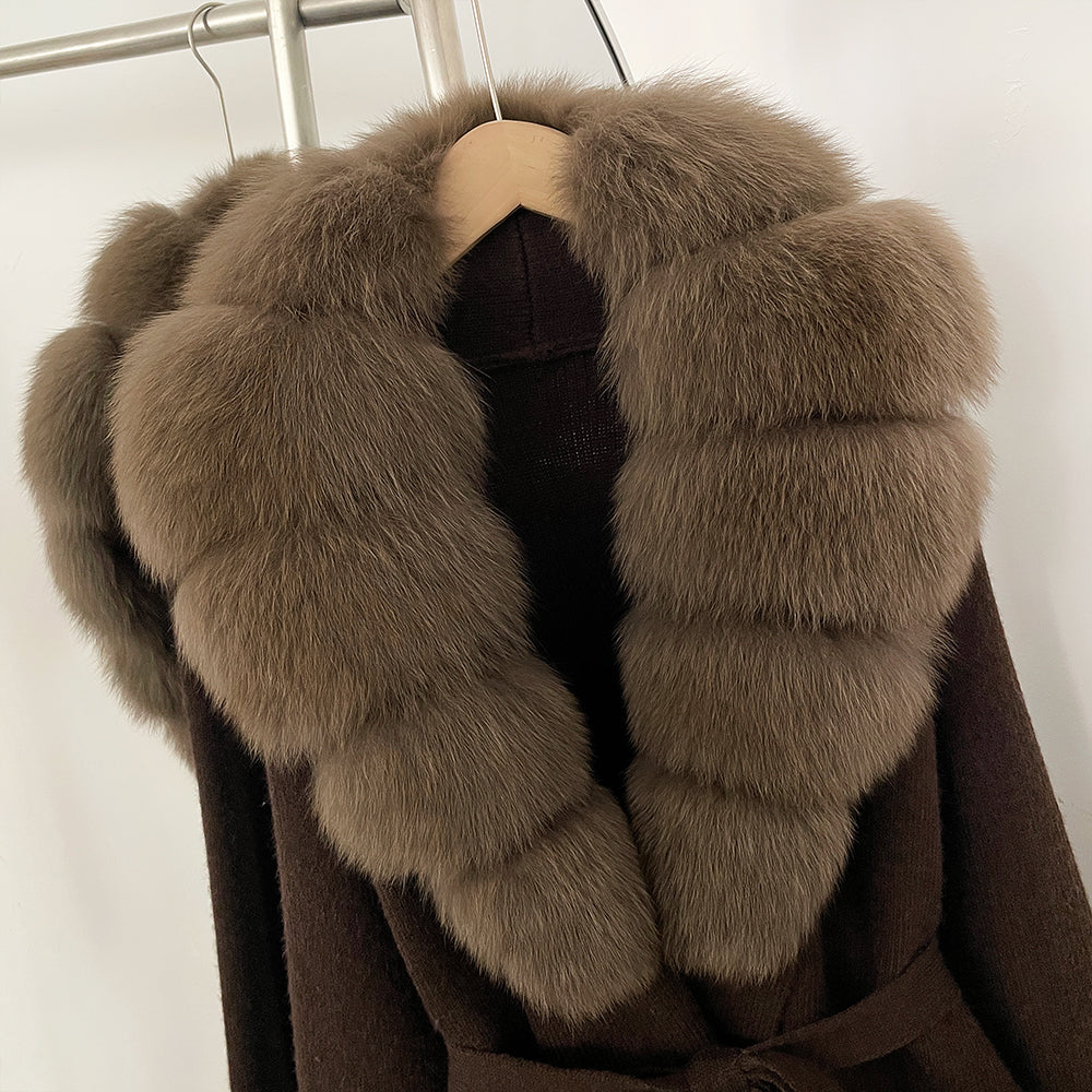 OFTBUY New Cardigan Autumn Winter Long Knit Clothing Women Loose Warm Belt Sweater Jacket with Real Fox Fur Collar and Cuffs