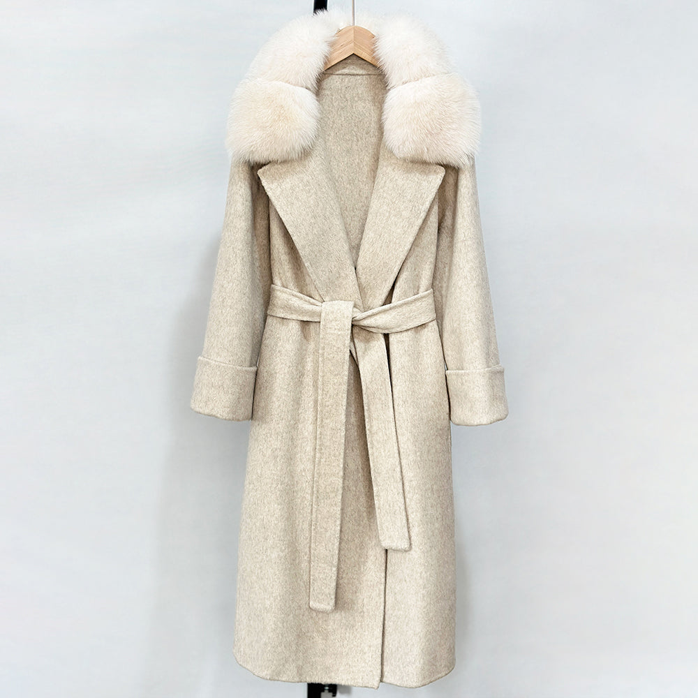OFTBUY Belted Warm Winter Elegant Fashion Outerwear Female New Women's Double-Faced Wool Coat with Large Real Fox Fur Collar
