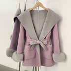 OFTBUY Belted Bow Pockets Winter Elegant Outerwear Jacket Female New Women's Wool Coat with Contrast Hood Real Fox Fur Cuffs