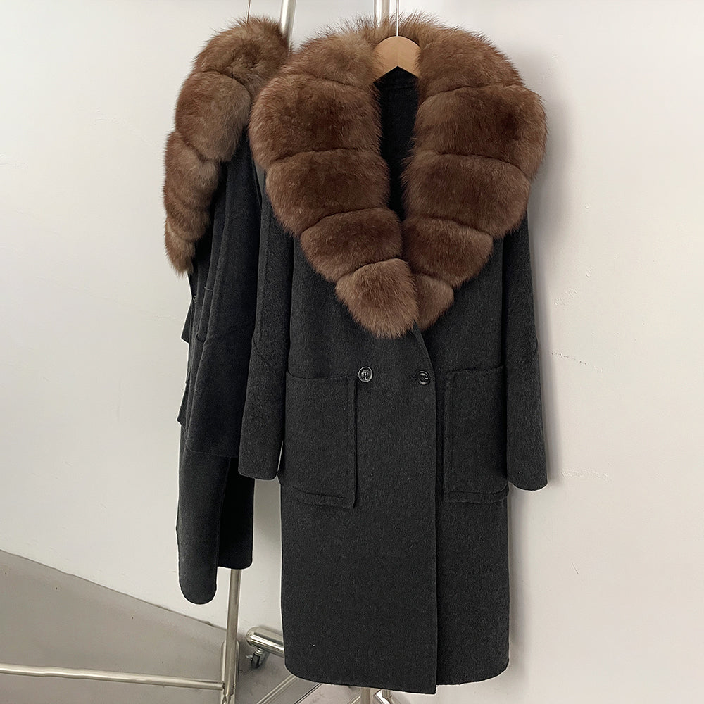 OFTBUY Double Breasted Pockets Long Luxury Warm Winter Outerwear New Women's Double-Faced Wool Coat with Real Fox Fur Collar