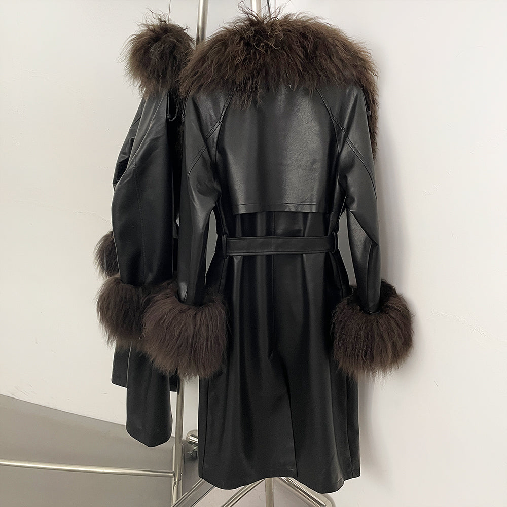 OFTBUY New Autumn Winter Clothes Women Luxury Real Mongolia Sheep Fur Jacket Femlae Long Vintage Faux Leather Streetwear Coat