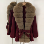 OFTBUY New Autumn Winter Clothes Women Big Natural Fox Fur Pinnacle 100% Wool Coat Female Belt Real Fur Collar Woolen Jacket
