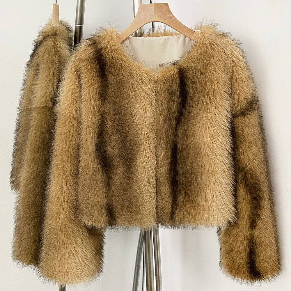 OFTBUY Luxury Collarless Faux Fur Jacket - Chic Short Fluffy Vegan Fur Coat for Women