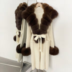 OFTBUY Fashion Warm Belt Real Fox Fur Cardigan New Natural Fur Collar Long Knit Jacket Women Atrumn Winter Top Clothing Female