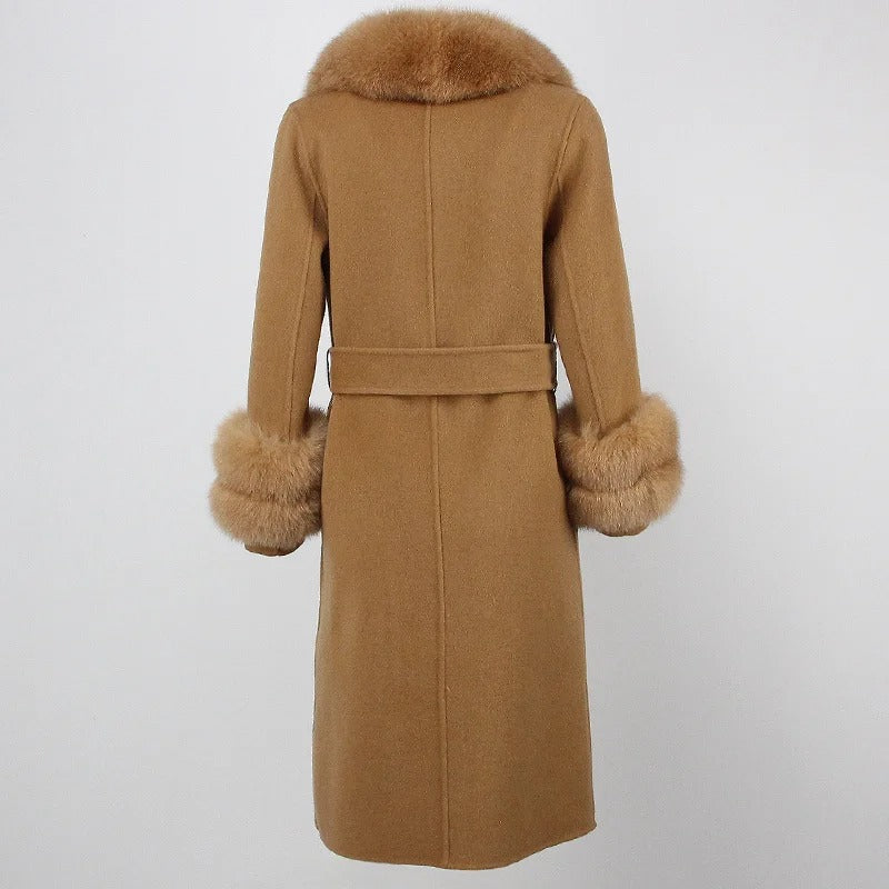 OFTBUY Winter Jacket Women Long Natural Wool Blends Cashmere Real Fur Coat Double Breasted Belt Warm Streetwear New Fashion