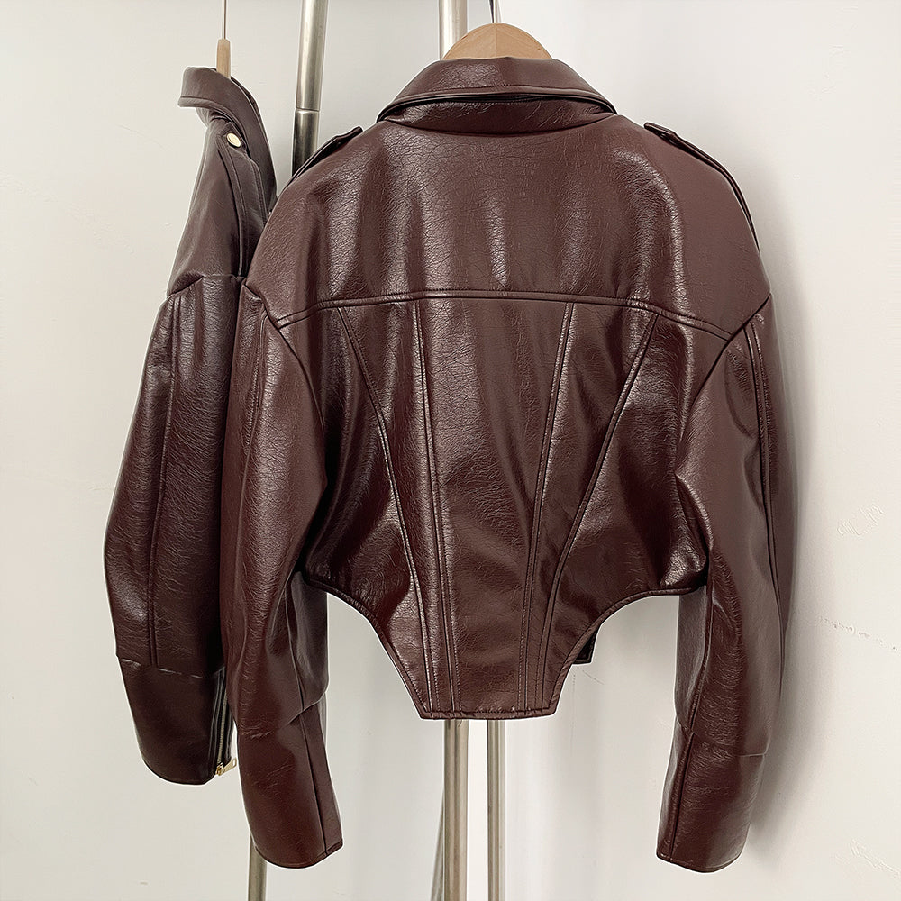 OFTBUY Casual Lapel Sleeve Zipper Fishbone Coats Lady Daily High Street Coat Women's Retro Cinched-waist Coated Leather Jacket