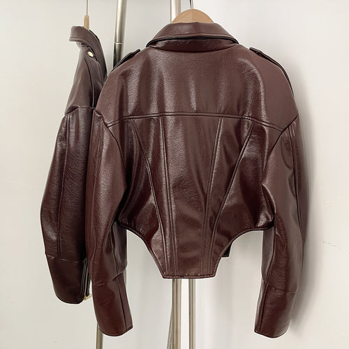 OFTBUY Casual Lapel Sleeve Zipper Fishbone Coats Lady Daily High Street Coat Women's Retro Cinched-waist Coated Leather Jacket