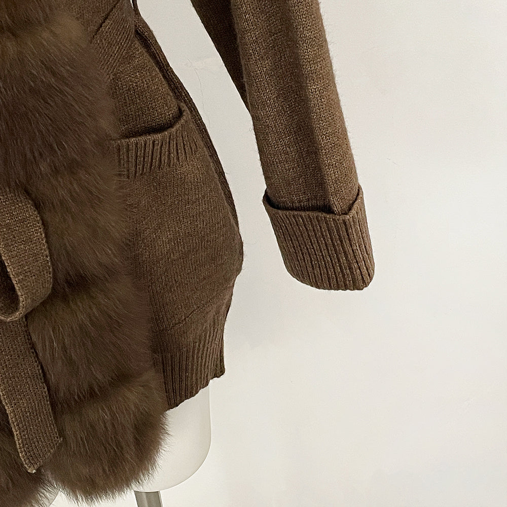 OFTBUY Trim Belted Waist Warm Winter Luxury Fashion Outerwear Sweater Female New Women's Knit Cardigan with Large Real Fox Fur