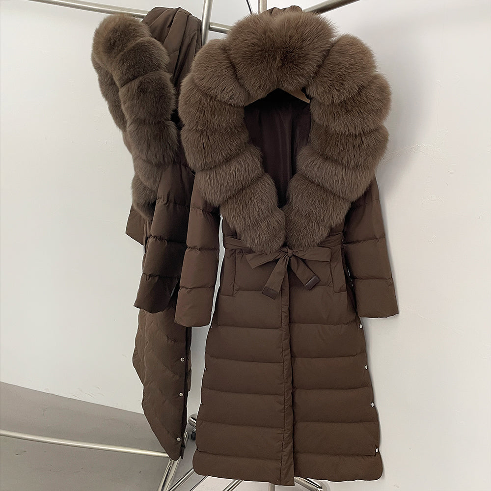 OFTBUY Hooded Winter White Duck Down Coat Large Real Fox Fur Collar X-Long Puffer Jacket Women Thick Female Parkas With Belt
