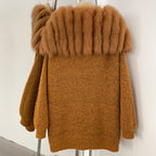 OFTBUY Sweater Femlae Button Pockets Warm Winter Luxury Outerwear New Women's Knit Cardigan with Large Real Fox Fur Collar