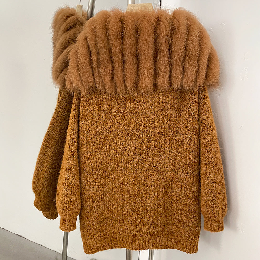OFTBUY Sweater Femlae Button Pockets Warm Winter Luxury Outerwear New Women's Knit Cardigan with Large Real Fox Fur Collar