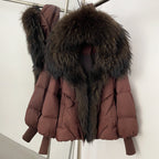 OFTBUY Luxury Cropped Down Puffer with Colossal Real Fur Collar - Premium 90% Duck Down Winter Statement Coat