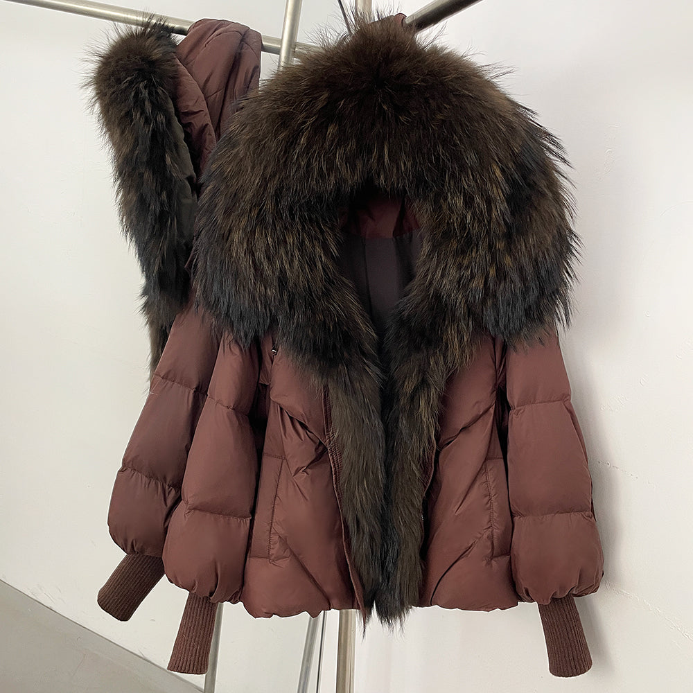 OFTBUY Luxury Cropped Down Puffer with Colossal Real Fur Collar - Premium 90% Duck Down Winter Statement Coat