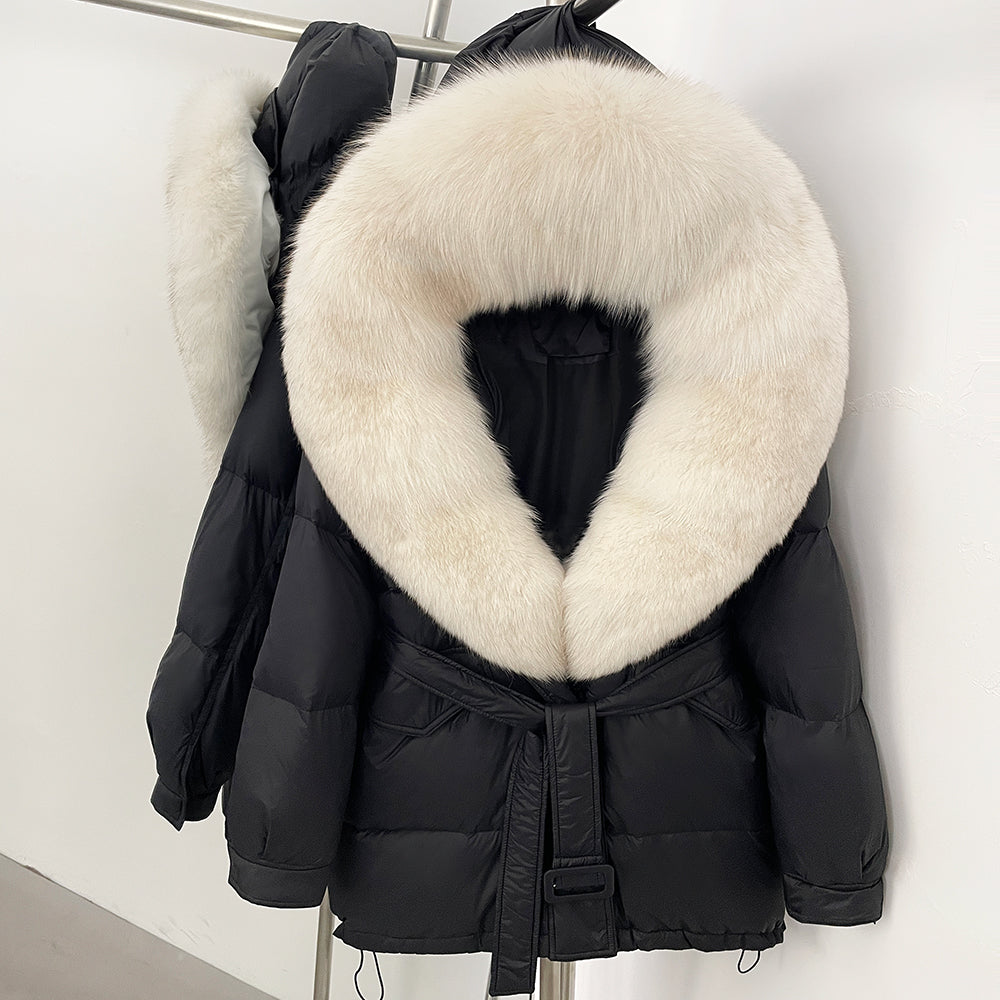 OFTBUY Thick Warm Mid-Long Puffer Coat Real Fox Fur Collar White Duck Down Coat Female Loose Warm Hooded Parkas With Belt