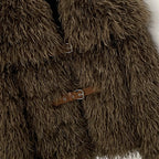 OFTBUY Luxury Oversized Collar Faux Mongolian Sheep Fur Cropped Jacket - Belted Buckle Vegan Curly Fur Coat