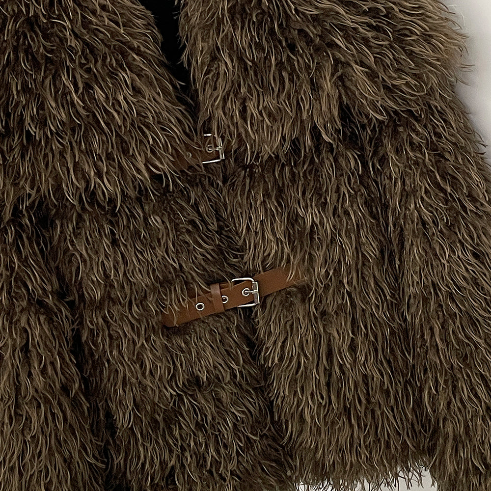 OFTBUY Luxury Oversized Collar Faux Mongolian Sheep Fur Cropped Jacket - Belted Buckle Vegan Curly Fur Coat