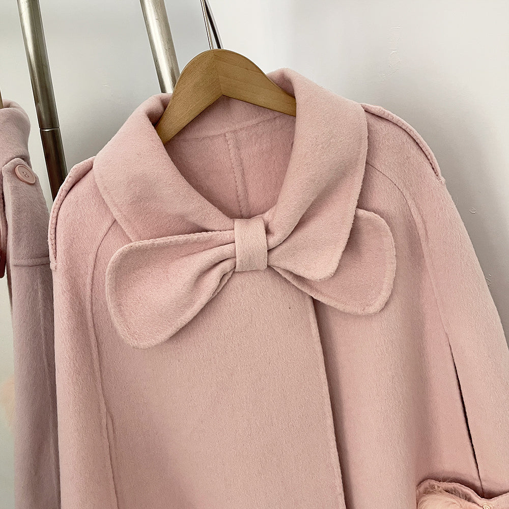 OFTBUY  New Women's Wool Cape Coat with Large Bow Detail Real Fox Fur Pockets Button Closure Winter Elegant Fashion Outerwear
