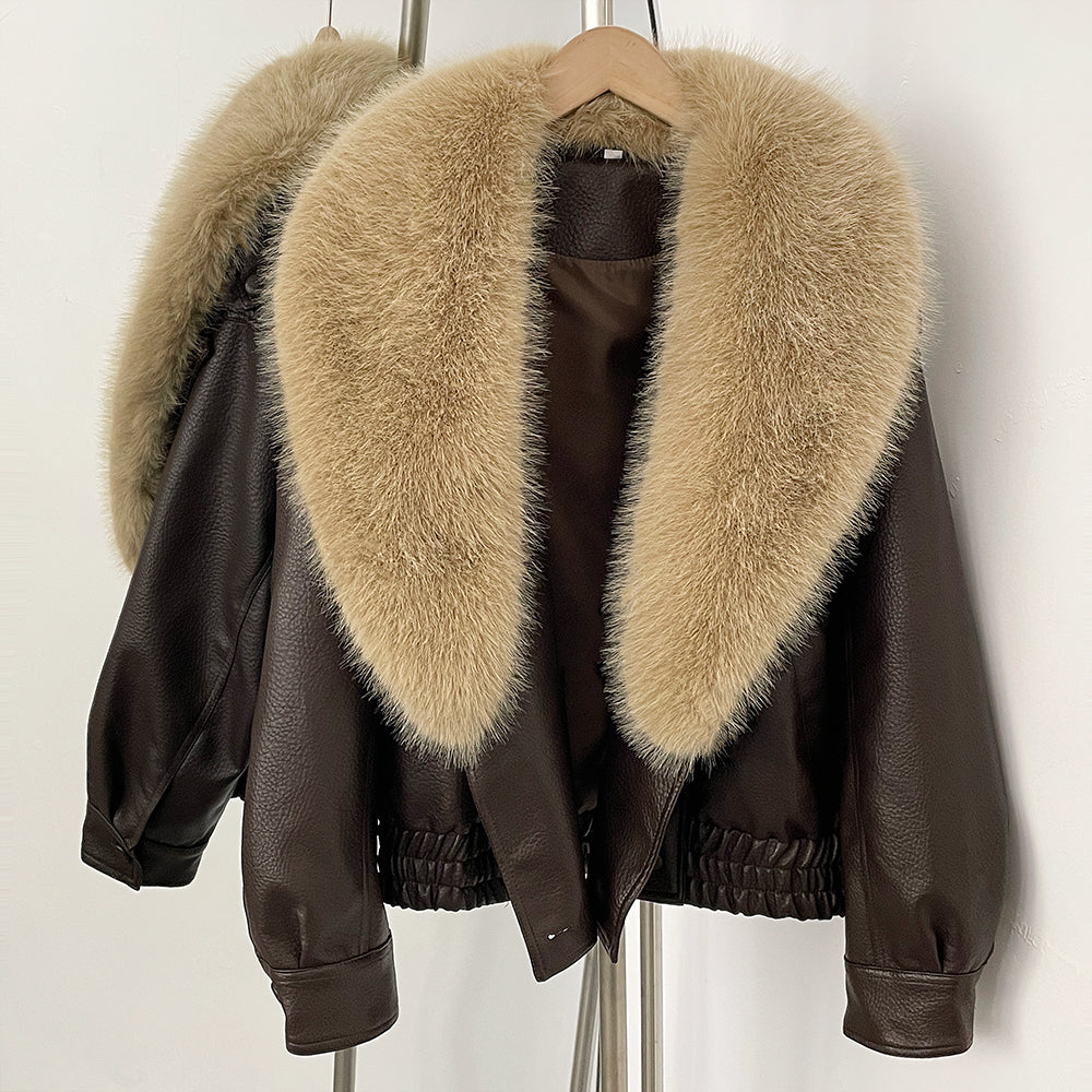 OFTBUY Stylish Fur Patchwork Leather Jacket Women Detachable Collar Breasted Waist Closed Coat Female Spring Winter Lady Outwear