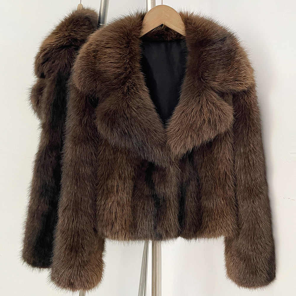 Front view of coffee brown luxury faux fur jacket with dramatic oversized lapel