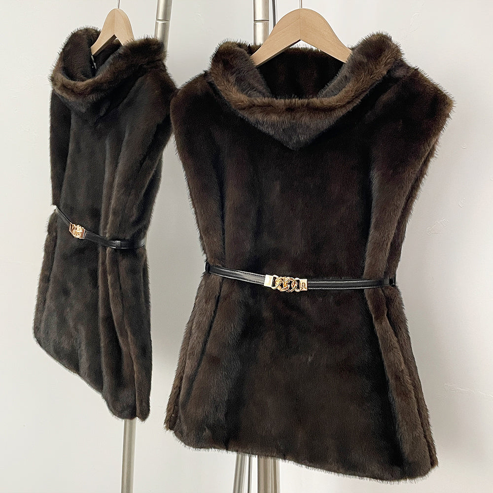 OFTBUY Luxury Sleeveless Faux Fur Jacket Women Fashion New Autumn Winter Fake Fur Clothes Female Warm Thick Belt Artificial Fur Coat