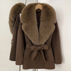 OFTBUY Belted Warm Winter Elegant Fashion Outerwear Lady New Women's Double-Faced Wool Coat with Large Real Fox Fur Collar Cuffs