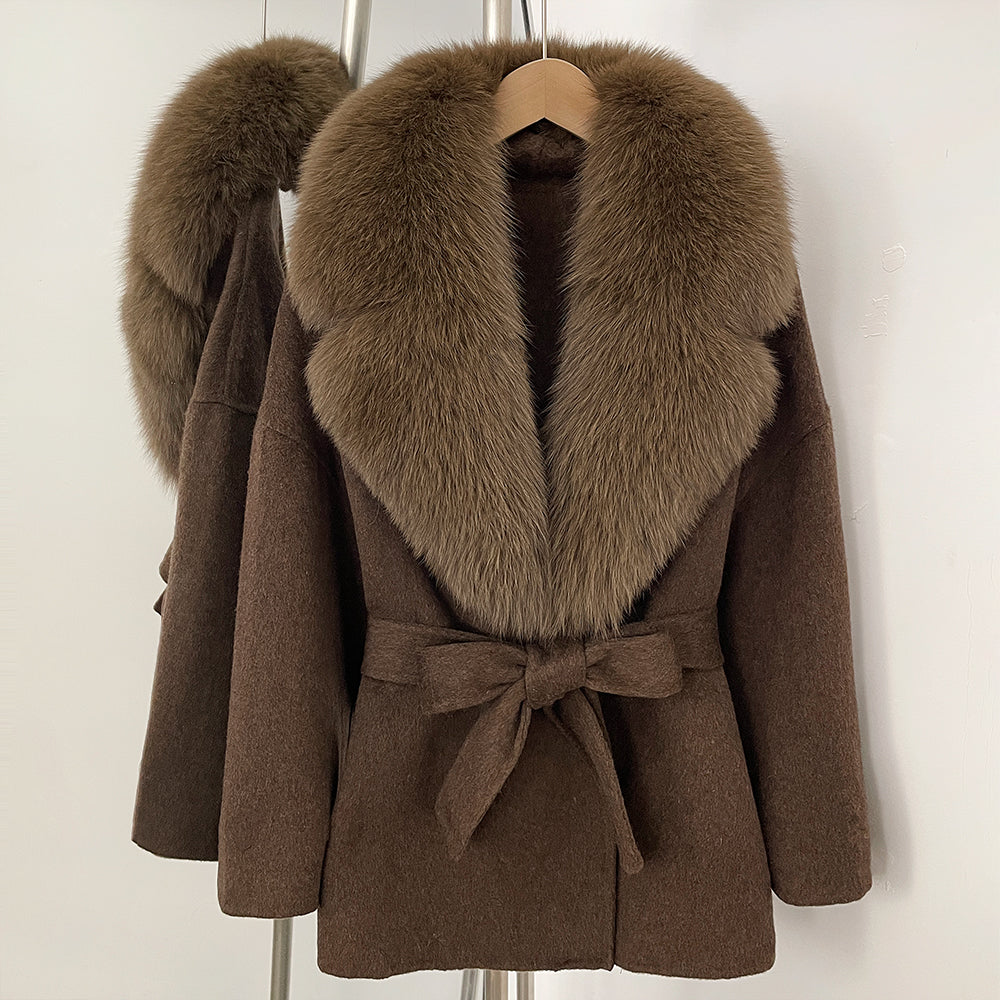 OFTBUY Belted Warm Winter Elegant Fashion Outerwear Lady New Women's Double-Faced Wool Coat with Large Real Fox Fur Collar Cuffs