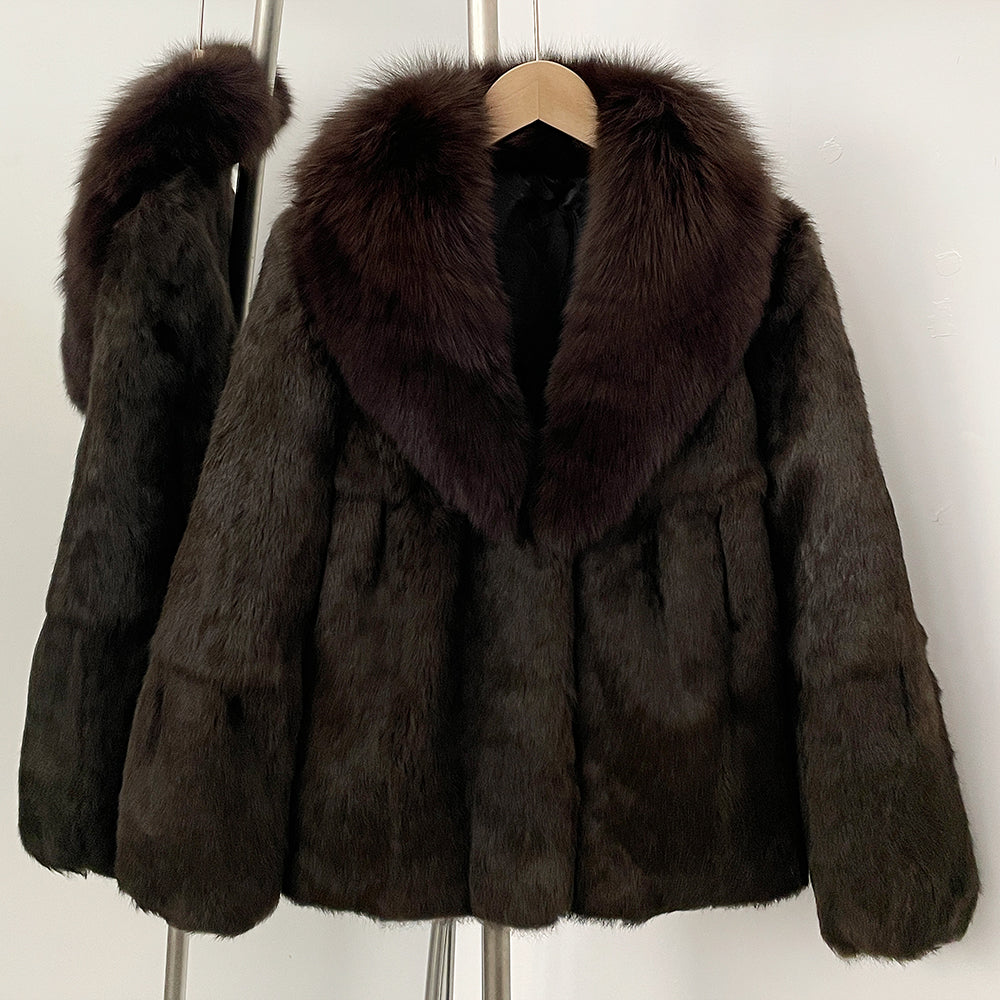 OFTBUY Natural Rabbit Fur Coat Female New Thickened Warm Top Clothing Women Fashion Fluffy Real Fox Fur Collar Jacket Lady