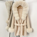 OFTBUY Real Fox Fur Wool Coat Hooded Natural Fur Collar and Cuffs New Autumn Winter Clothes Women Cashmere Woolen Jacket Lady
