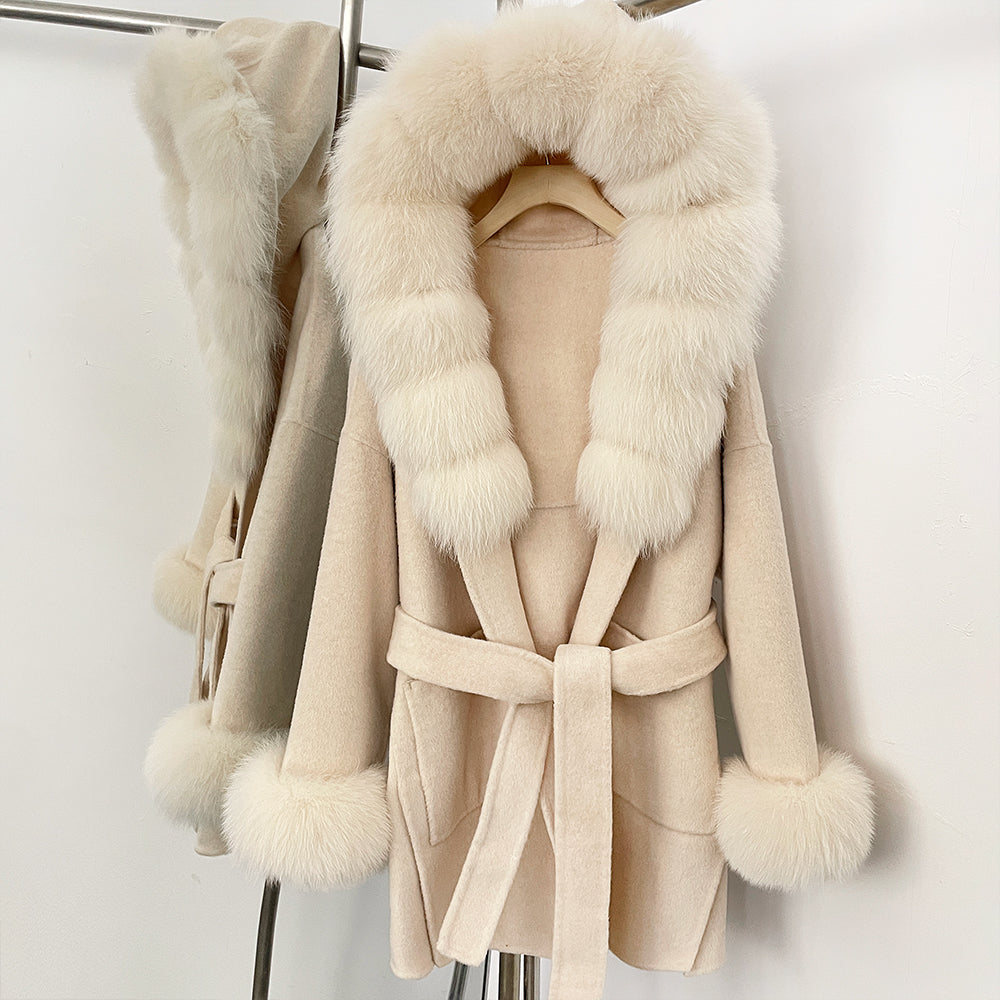 OFTBUY Real Fox Fur Wool Coat Hooded Natural Fur Collar and Cuffs New Autumn Winter Clothes Women Cashmere Woolen Jacket Lady