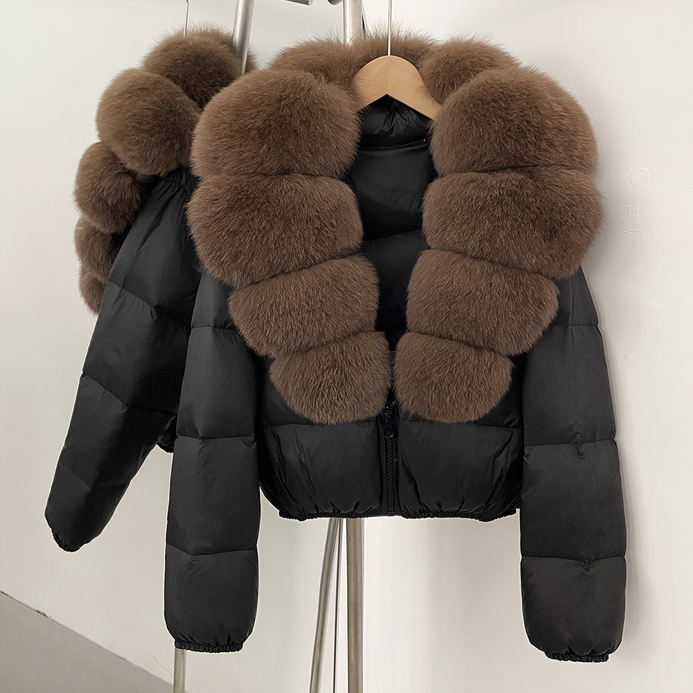 OFTBUY New Puffer Jacket Women with Large Natural Fox Fur Collar Short Fluffy Thick Parkas Female 90% White Duck Down Coat Lady