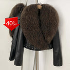 OFTBUY New Autumn Winter Clothes Women Fashion Warm Short Faux Leather Jacket Female Luxury Real Mongolia Sheep Fur Collar Coat