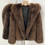 OFTBUY Luxury Hooded Faux Fur Jacket - Premium Vegan Silver Fox Style Cropped Winter Coat