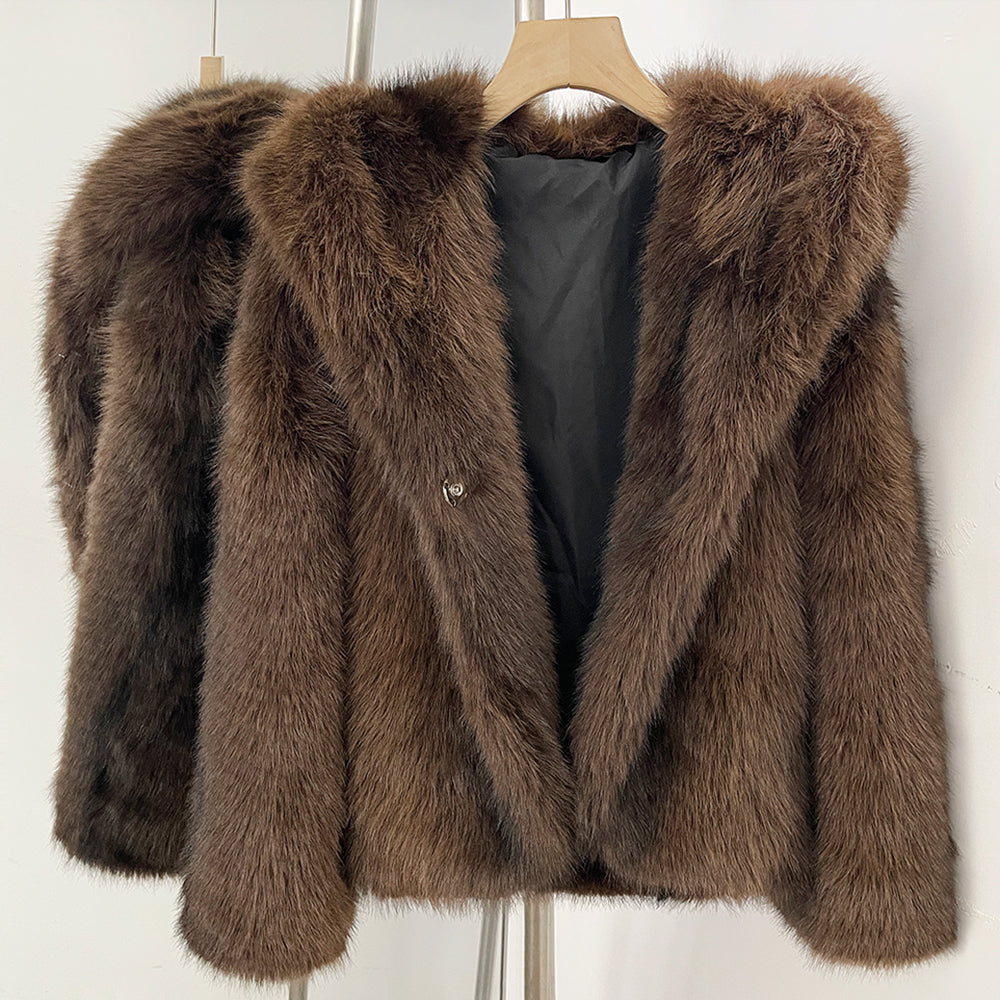 OFTBUY Luxury Hooded Faux Fur Jacket - Premium Vegan Silver Fox Style Cropped Winter Coat