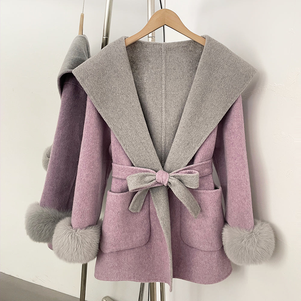 OFTBUY Belted Bow Pockets Winter Elegant Outerwear Jacket Female New Women's Wool Coat with Contrast Hood Real Fox Fur Cuffs