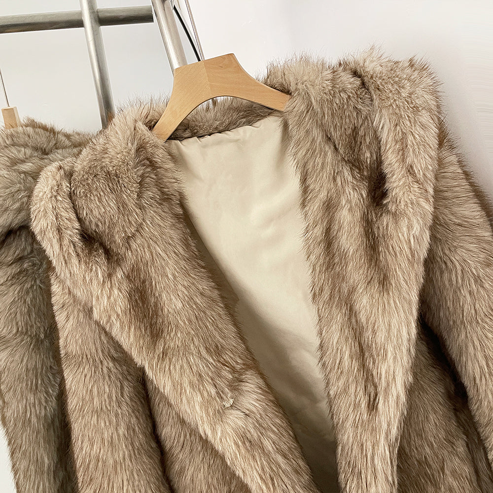 Close-up of the premium needle-fur texture and long guard hairs on a luxury vegan coat
