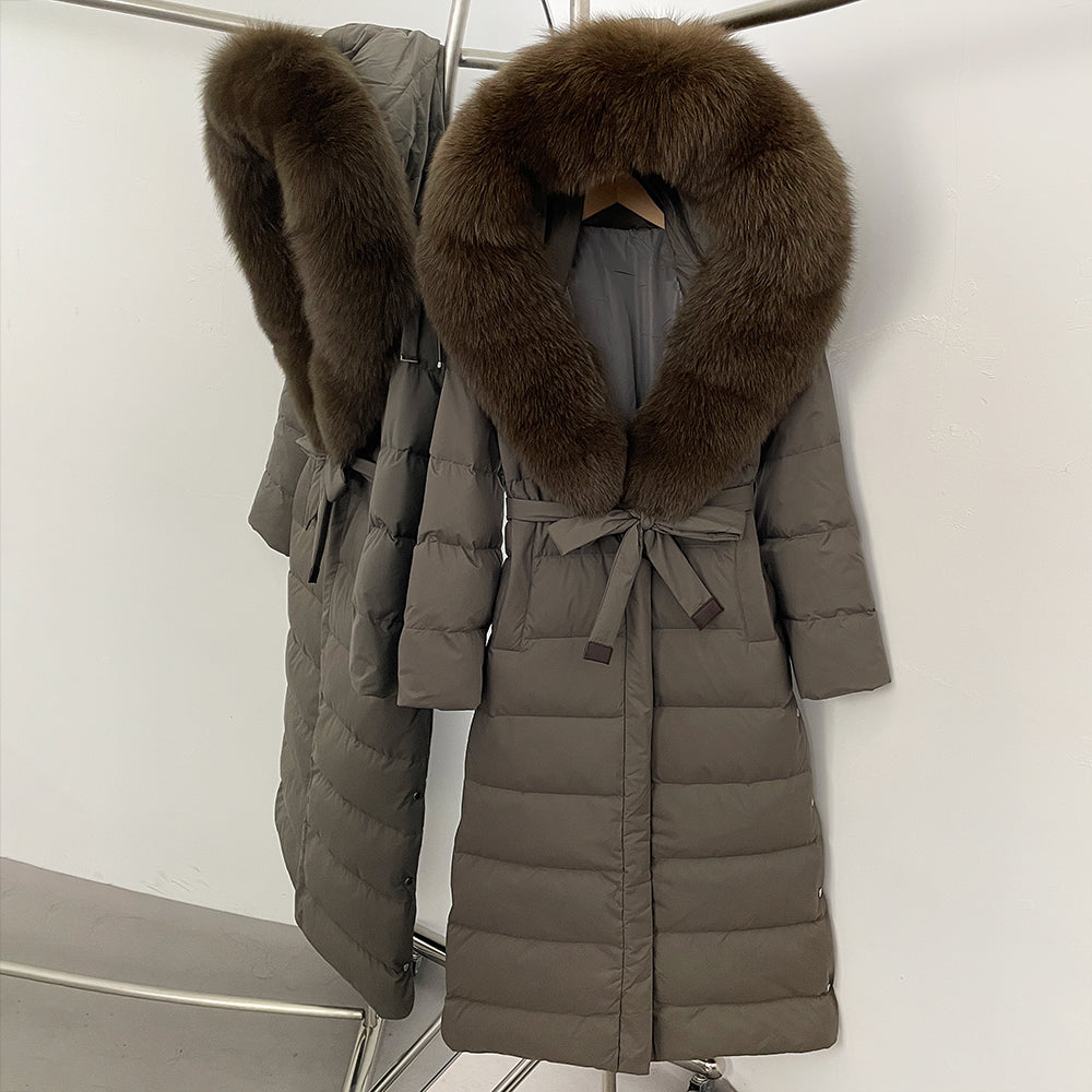 OFTBUY Hooded Winter White Duck Down Coat Large Real Fox Fur Collar X-Long Puffer Jacket Women Thick Female Parkas With Belt