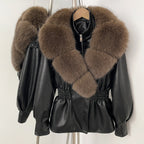 OFTBUY New Women's Faux Leather Jacket with Oversized Faux Fox Fur Elastic Waist Puff Sleeves Coat Luxury Warm Winter Outerwear