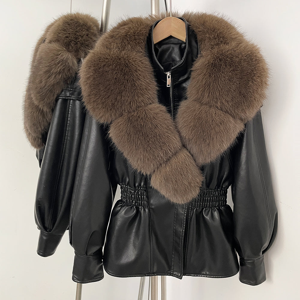 OFTBUY New Women's Faux Leather Jacket with Oversized Faux Fox Fur Elastic Waist Puff Sleeves Coat Luxury Warm Winter Outerwear