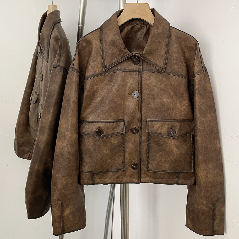 OFTBU Oversized Pockets Streetwear Fashion Outerwear Fake Leather Coat Female New Women's Vintage Washed Faux Leather Jacket