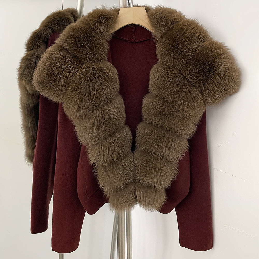 OFTBUY Women's Short Cardigan with Big Real Fox Fur Collar New Autumn Winter Knit Clothing Female Natural Fur Warm Sweater Lady