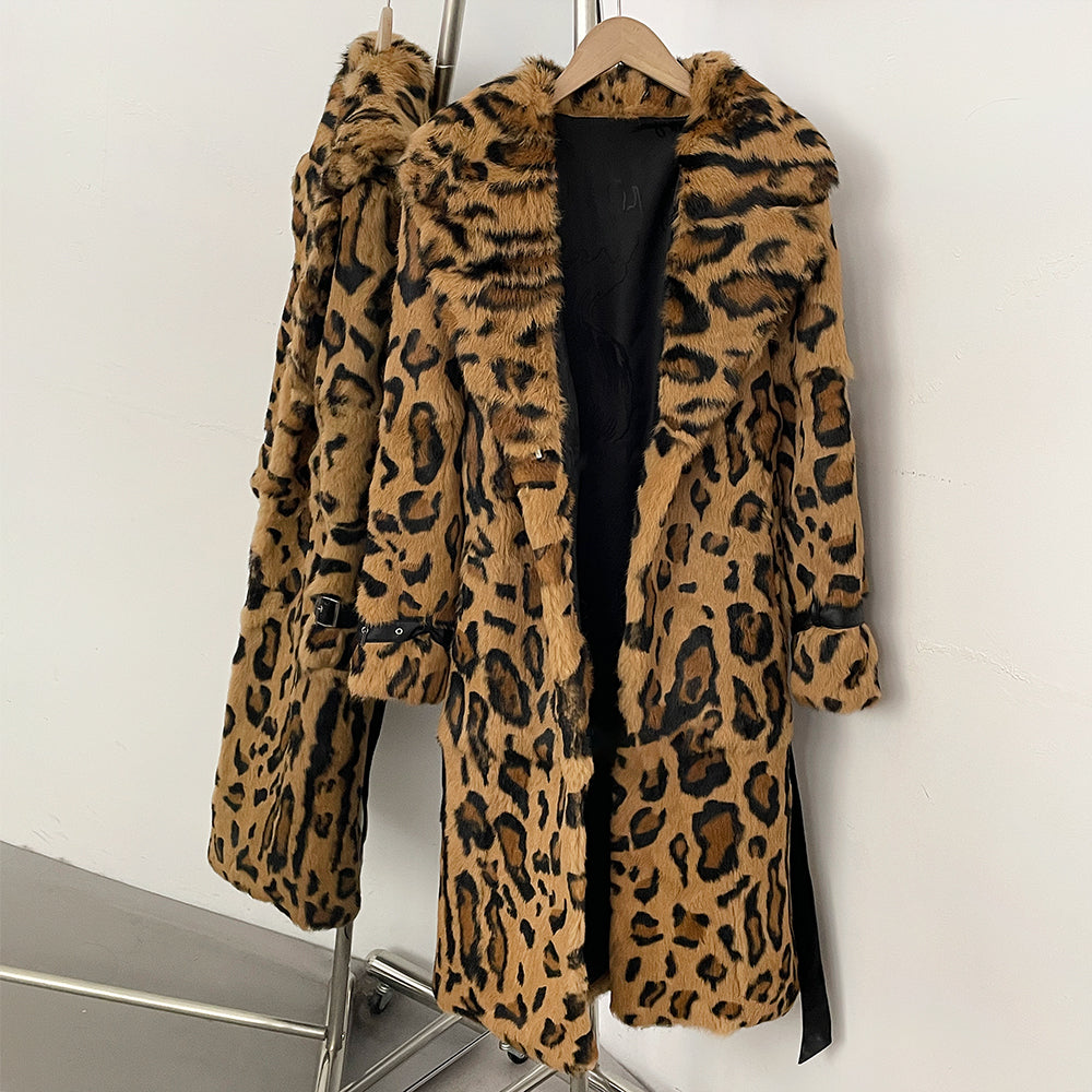 Open front view showing smooth black lining of belted leopard rabbit fur coat