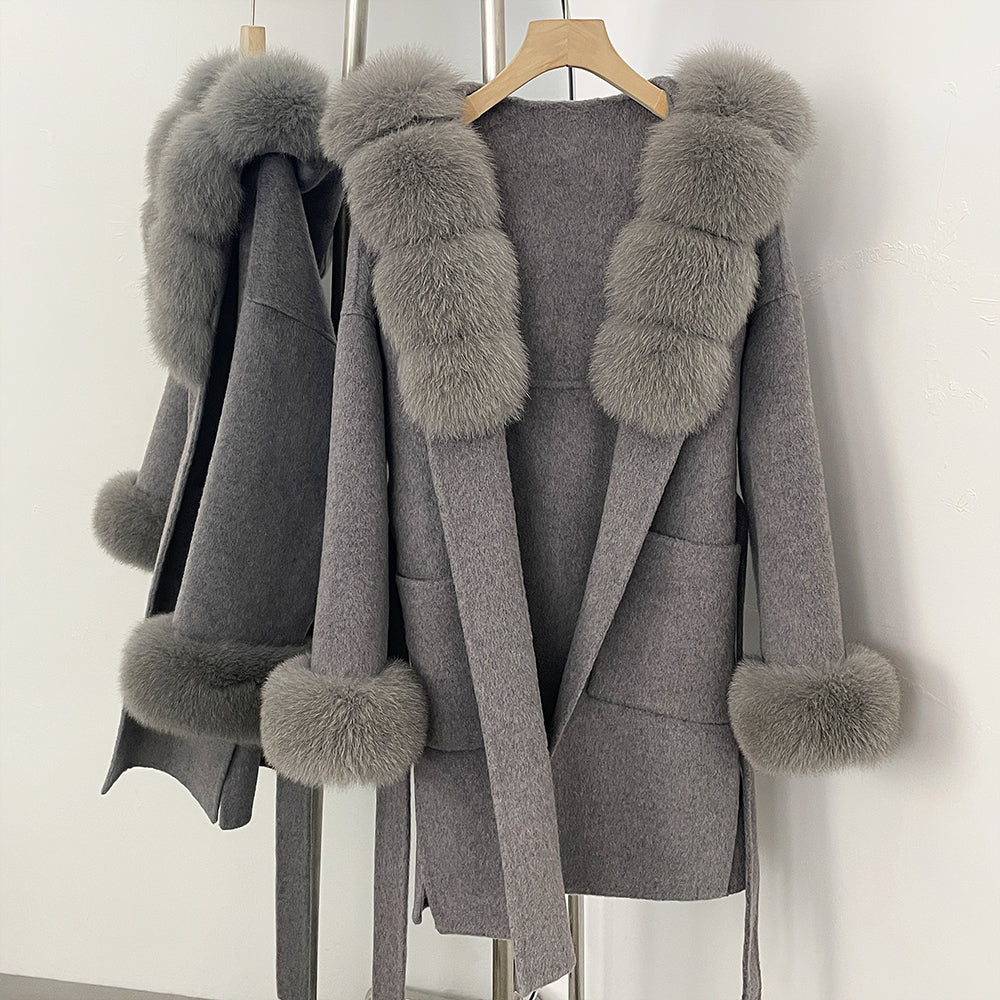 OFTBUY Real Fox Fur Wool Coat Hooded Natural Fur Collar and Cuffs New Autumn Winter Clothes Women Cashmere Woolen Jacket Lady