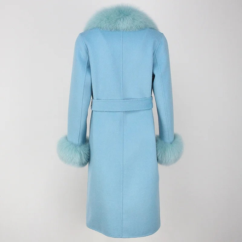 OFTBUY Winter Jacket Women Long Natural Wool Blends Cashmere Real Fur Coat Double Breasted Belt Warm Streetwear New Fashion