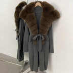 OFTBUY New Natural Fur Collar Long Knit Jacket Women Atrumn Winter Top Clothing Female Fashion Warm Belt Real Fox Fur Cardigan