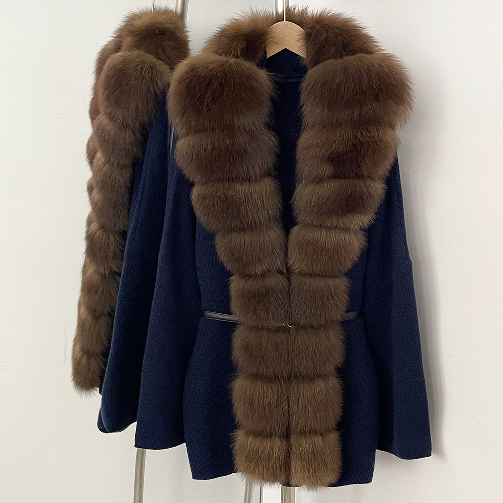 OFTBUY Metal Belt Knit Warm Winter Luxury Fashion Outerwear Sweater Cardigan New Women's Knit Coat with Full Real Fox Fur Front