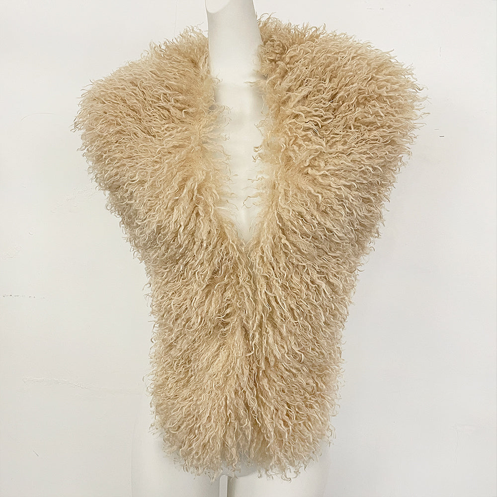 OFTBUY Women's Faux Mongolian Fur Vest Open Front Fluffy Faux Fur Waistcoat with Back Tie New Autumn Winter Outerwear Female