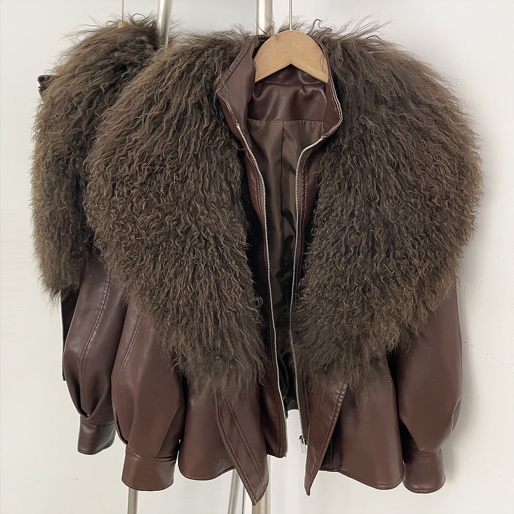 OFTBUY New Spring Autumn Faux Leather Jacket Female Real Mongolia Sheep Fur Pu Leather Coat Women Luxury Fashion Streetwear
